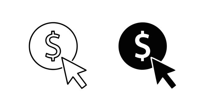Vector illustration of pay per click icon set, dollar sign with cursor pointer on a transparent background