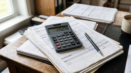 Obraz premium Digital calculator sitting on stack of tax documents and receipts.