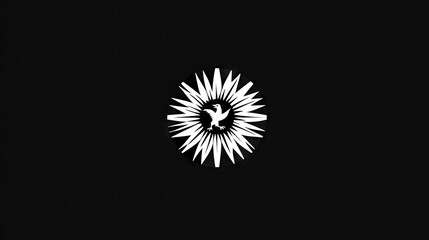Fototapeta premium Graphic symbol featuring a stylized bird enclosed within a radiating, spiky circular design against a dark background.