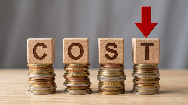 Cost reduction concept with coins and block letters.