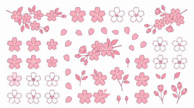 Pink cherry blossom vector illustrations: flowers, buds, branches, and petals