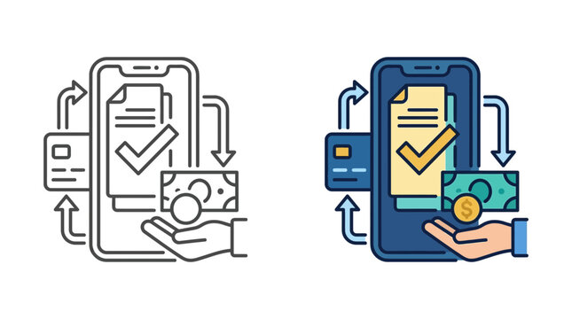 Digital payment transaction on mobile phone with money and document confirmation
