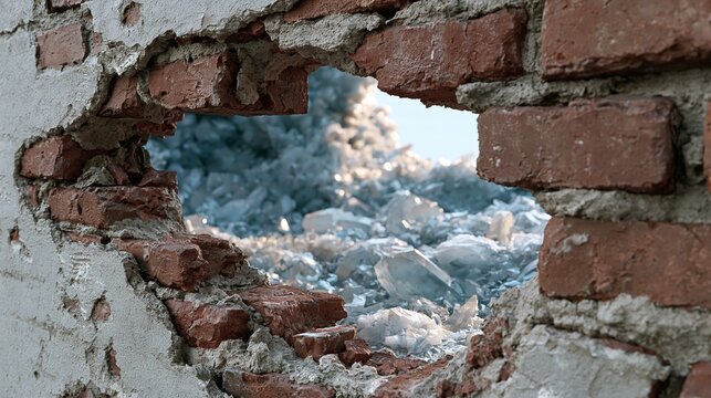 Close-up view of a hole in a brick wall revealing crystalline structures beyond
