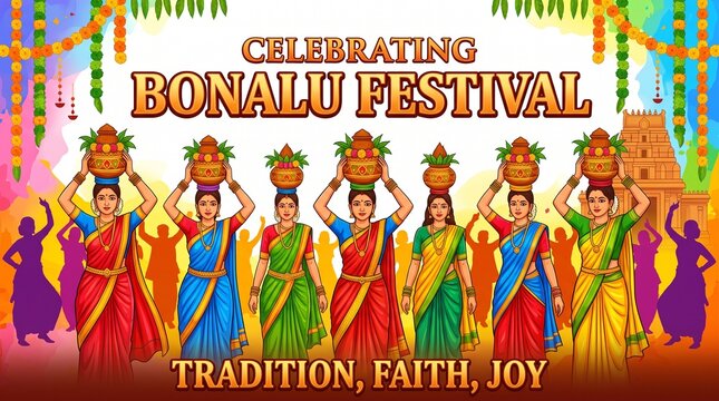 Traditional Bonalu Festival Banner with Women Carrying Bonam