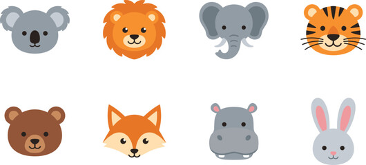 Fototapeta premium Flat Animal Face Icon Set with Koala, Lion, Elephant, Tiger, Bear, Fox, Hippo, and Rabbit for Kids and Nursery Designs