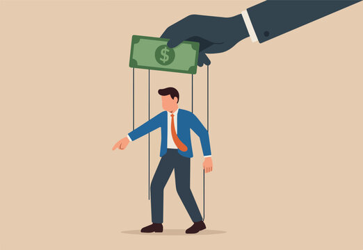 Being controlled by money, capitalism, greedy working environment, slavery, decision manipulation or bribery and corruption concept, pathetic slave businessman puppet doll being controlled by money