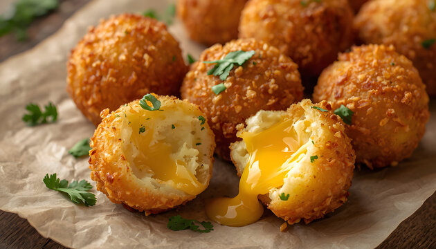 Delicious fried cheese balls on brown paper