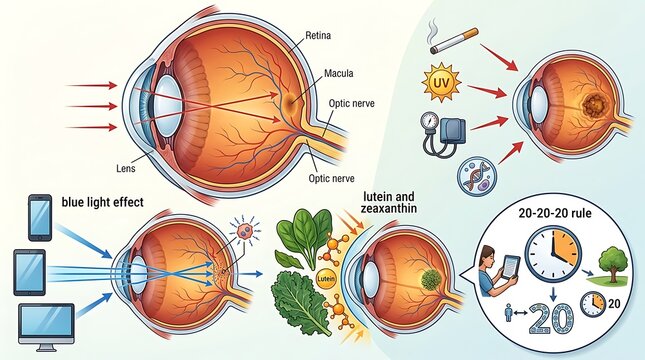 Eye anatomy and factors affecting vision health infographic