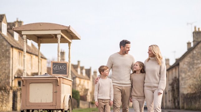 A happy family strolls down a charming cobblestone street, stopping at an old-fashioned gelato cart. Capturing the idyllic essence of a perfect summer outing.