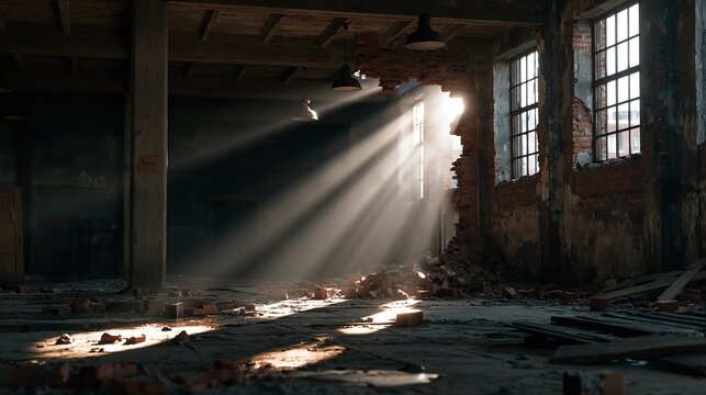 Sunbeams penetrating through a hole in a dilapidated industrial building interior