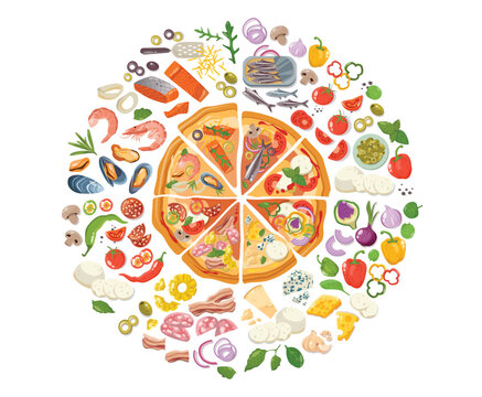 Pizza recipe constructor illustration sliced Pizza for menu food creator with bases toppings and ingredients book recipes cooking class, Italian cafe or pizzeria menu design