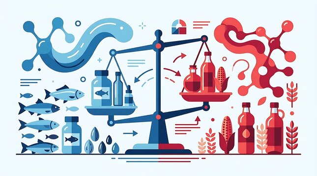 Nutrition balance scale comparing fish oil and vegetable oils