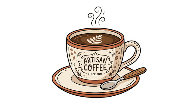 Artisan Coffee Cup with Latte Art and Spoon on Saucer, Steaming Hot Beverage