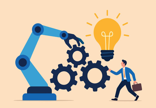 Automation or technology to help development process, Martech or marketing technology, industry or production factory concept, robot hand help put together cogwheels system with lightbulb idea