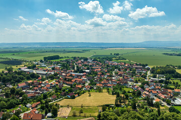 Obraz premium Drone view of Gemeinde Nordharz - Heudeber village in the Harz district, Saxony Anhalt, Germany