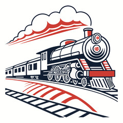 A classic steam locomotive in red and black, emitting smoke, pulling multiple passenger cars on a railway track, depicted with a dynamic perspective and a sense of motion. © mil