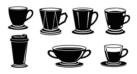 Fototapeta premium Set of eight black and white vector coffee mugs and cups with different shapes and designs suitable for various hot beverages