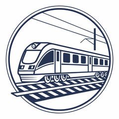 Modern commuter train vector illustration in circular frame suburban passenger rail transport line art design for urban transit systems high speed electric locomotive moving on tracks locomotive art. © mil