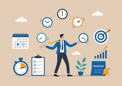 Time management, punctuality or work deadline, schedule plan or reminder, productivity expert or timer countdown, expertise concept, confidence businessman expert juggling clock in difference time