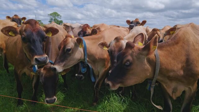 A close up group of Jersey cattle herd pushing and hustling each other in a rich green field under a cloudy sky Looe Cornwall United Kingdom