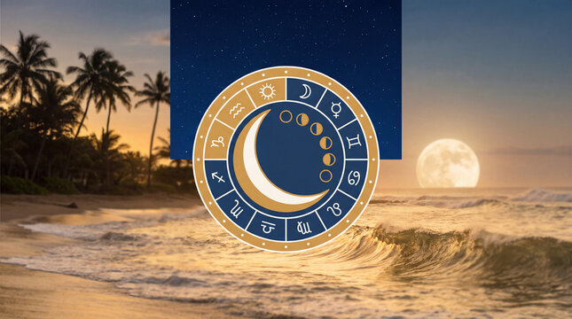 Zodiac wheel over tropical beach at sunset
