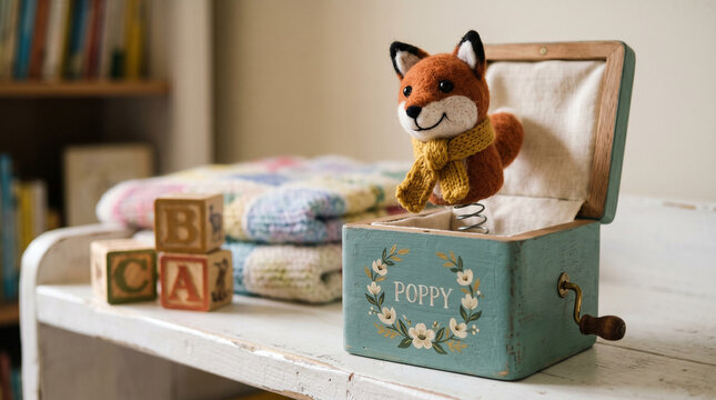 Adorable stuffed fox toy emerges from a charming blue music box on a white wooden bench