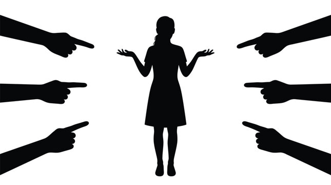 Minimalist black vector illustration showing a woman standing confused while multiple hands point at her