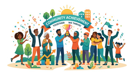 Fototapeta premium Diverse people celebrate community achievement, winning trophy, teamwork, success, and thriving city