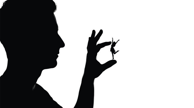 Minimalist vector illustration showing a large silhouette hand holding a tiny dancing woman in profile