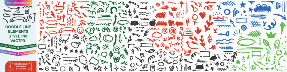 Fototapeta premium Hand drawn doodle elements including arrow, heart, star, swirl, highlight, and sketch underline. decorative design set for info graphics, social media, note taking, and creative projects Set.