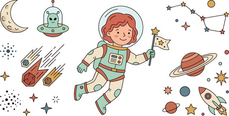 Cute Girl Astronaut Outer Space Graphic Set with Alien UFO Comet Rocket Ship Moon Constellation and Planet Elements for Kids Designs © EdGe Creative