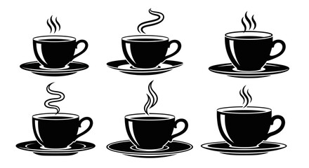 Fototapeta premium Six elegant coffee cup silhouettes on saucers with rising steam trails in various artistic shapes for cafe menus and professional beverage branding art