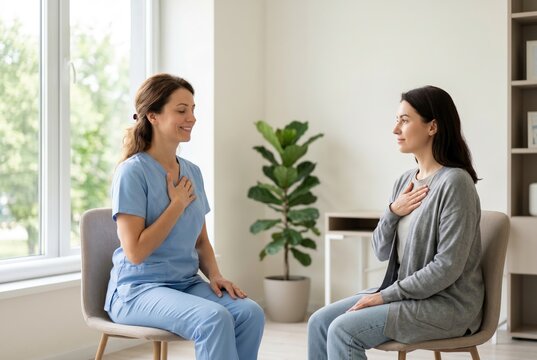 Clinician guiding patient through calm breathing exercise in therapy session
