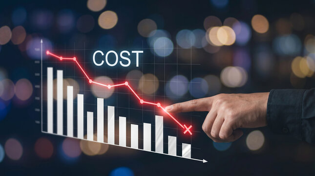 Finger pointing at declining red cost chart with blurred city lights.