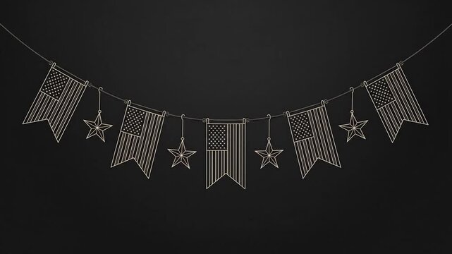 Patriotic bunting garland with stars and stripes hanging on dark background.