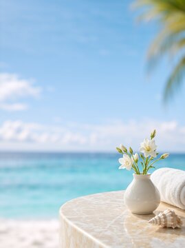 White flowers in a vase and a rolled towel on a marble table by the sea. Luxury spa and wellness concept at a tropical beach resort. Summer vacation background
