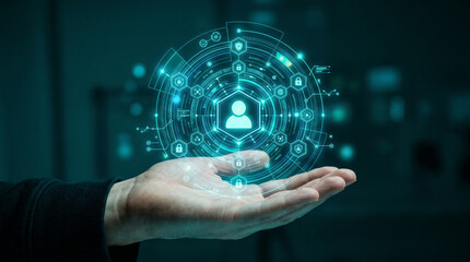 Fototapeta premium Glowing digital identity icon floating above a human hand.