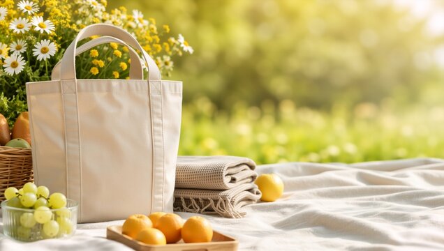 White canvas tote bag on a picnic blanket. Summer park scene with fresh fruit and flowers. Leisure and outdoor lifestyle concept
