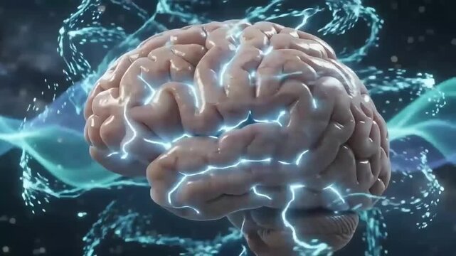 High-quality 4K animation of a glowing human brain surrounded by radiant light and flowing neural energy waves against a cosmic space background. Ideal for illustrating artificial intelligence, neuros