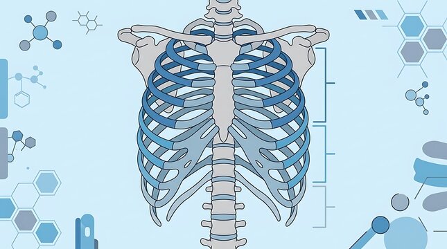 Stylized medical diagram of a human rib cage and thoracic spine