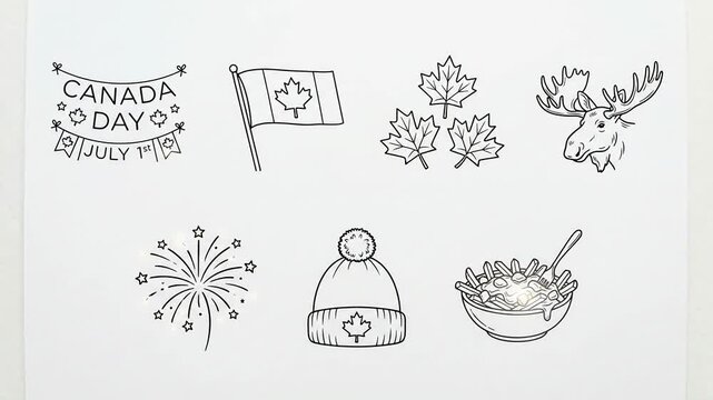 Canada Day symbols line art set