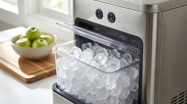 Stainless steel ice maker with clear ice cubes and green apples