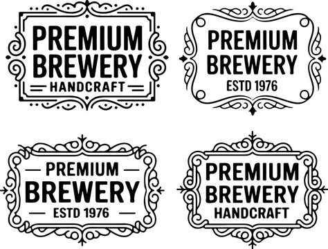 A comprehensive collection of black and white vintage-style logos and emblems for premium craft breweries, featuring ornate frames, classic typography, and round badges.