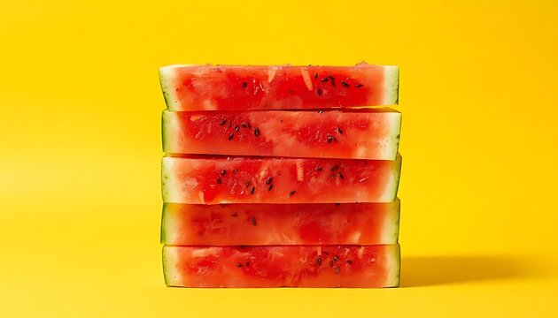 Stack of fresh watermelon slices on vibrant yellow background