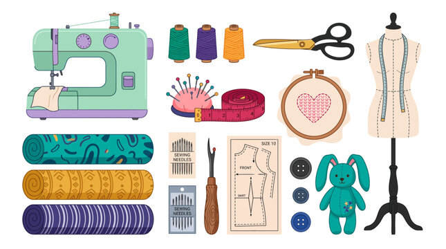 Sewing tools and tailoring equipment collection with machine fabric rolls mannequin scissors and needles, symbolizing creative fashion design workshop representing professional dressmaking hobby