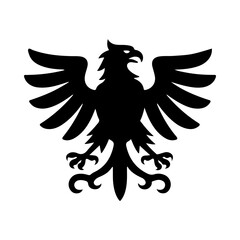 Naklejka premium A bold, black-and-white heraldic vector illustration of a majestic eagle with wings spread. This classic icon symbolizes strength, power, and authority in design.