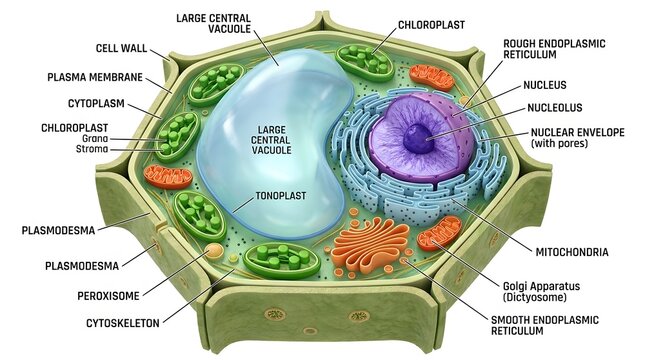 Detailed 3D illustration of a plant cell with labeled organelles
