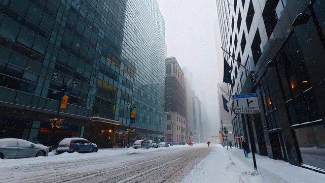New York, USA, 9 January 2026: Empty Midtown Manhattan avenue with glass towers during snowstorm. Vanishing road perspective with parked cars, tire tracks and falling snow between buildings.