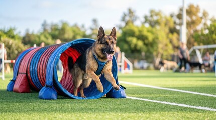 Fototapeta premium A dog runs out of a colorful tunnel while participating in agility training in a park. People and other dogs are present around the training area