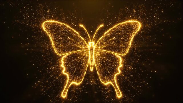 Abstract Glowing Golden Particle Butterfly Emerging from Darkness Cinematic Motion Graphics Background